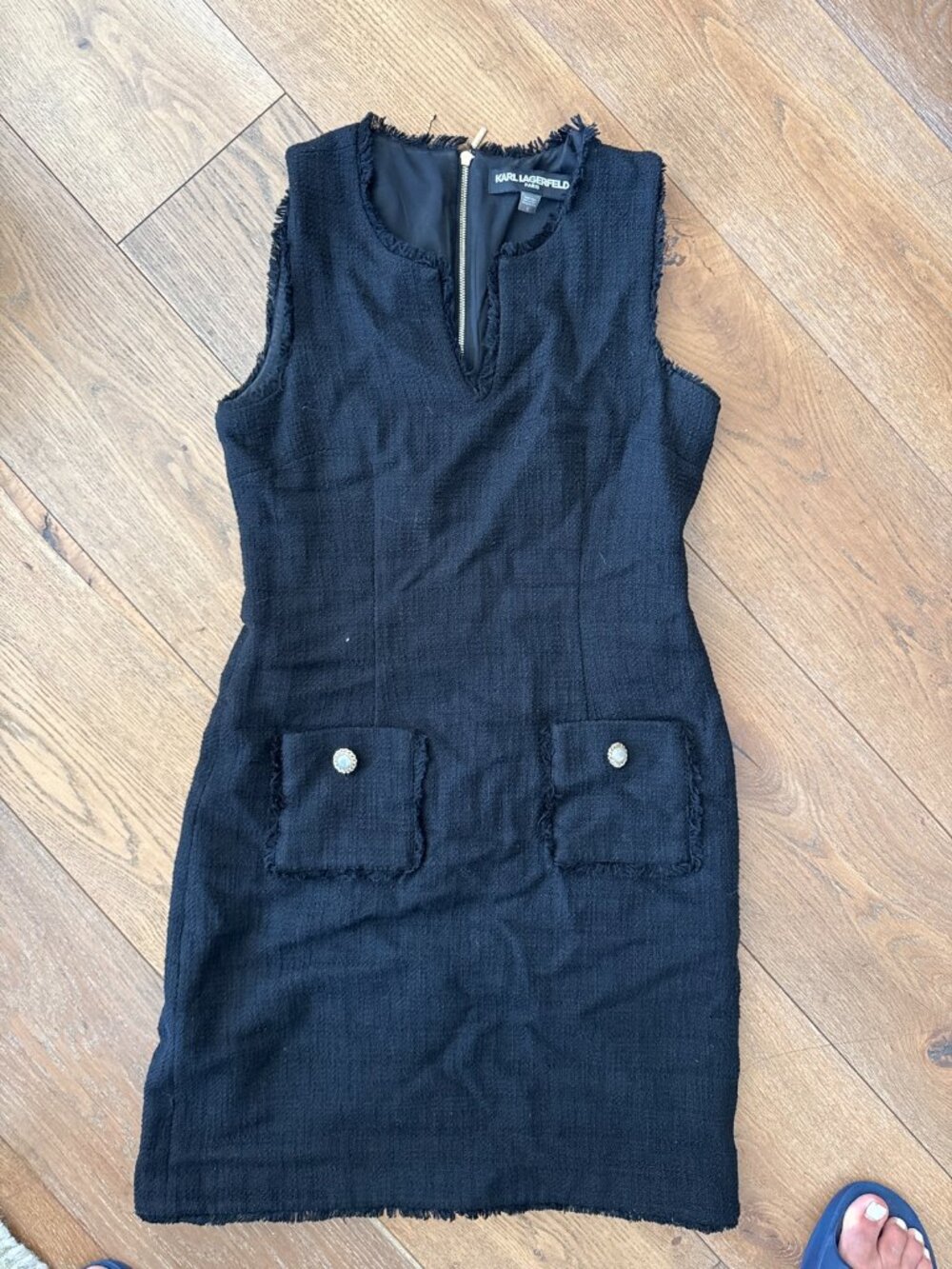 Karl Lagerfeld Paris Black Tweed Shift Dress Pockets Size 4